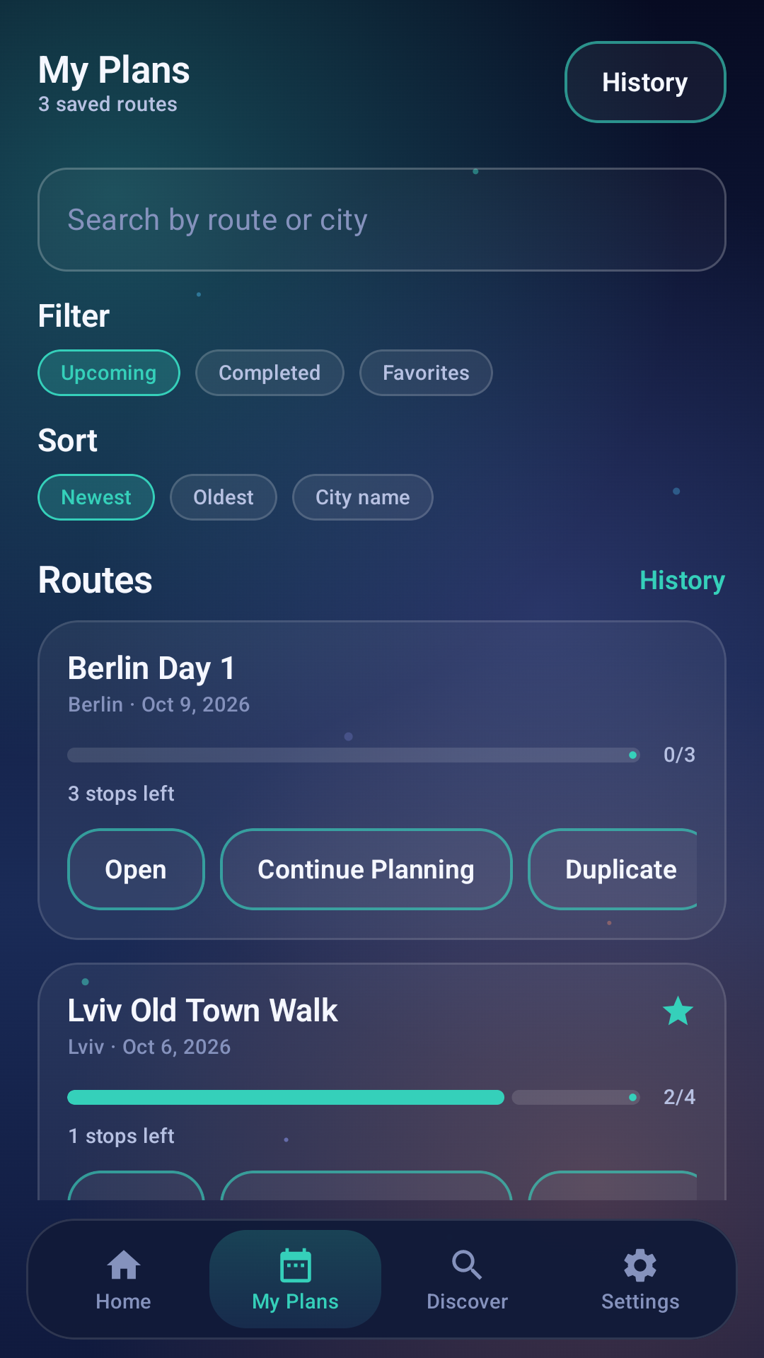 Purely Planner saved plans screen